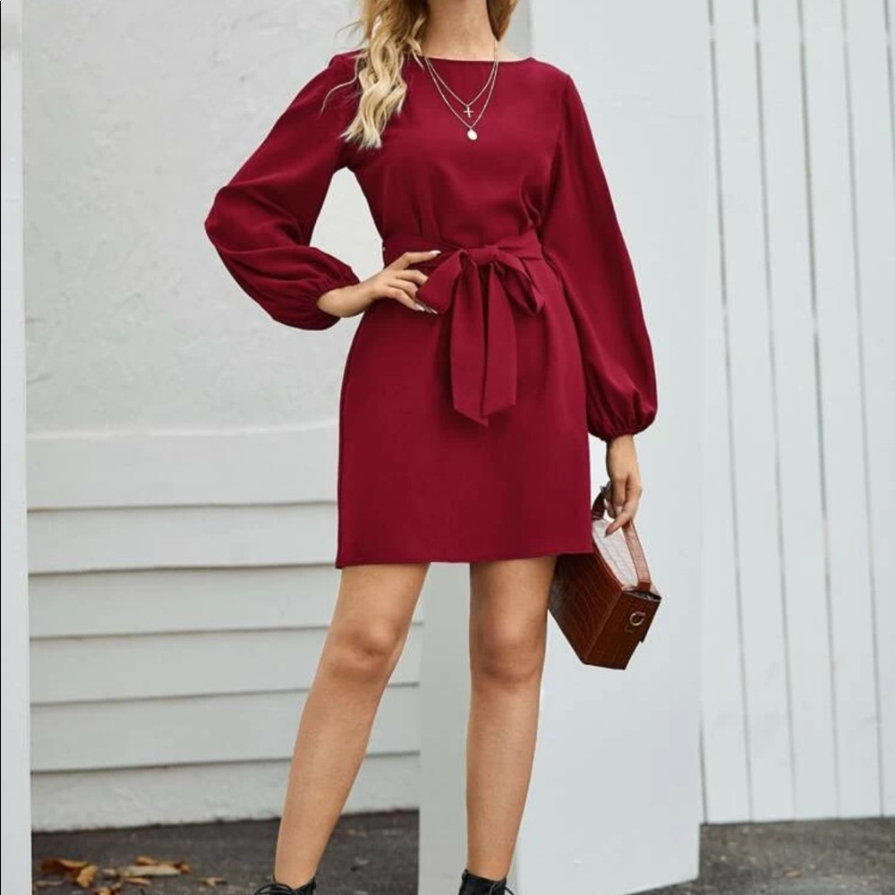 Boho lantern sleeve  belted dress burgundy_9